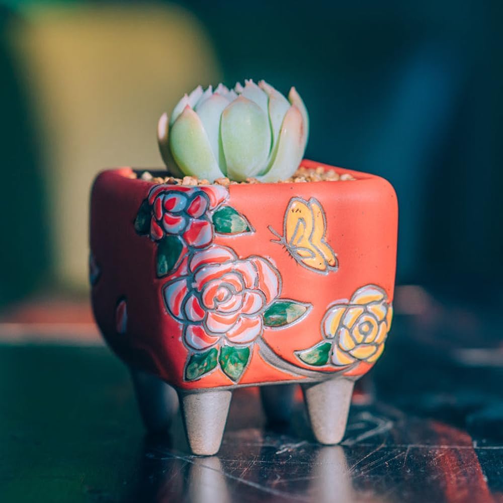 3.63 Inch Hand Painted Succulent Planter with Drainage and Saucers Ceramic Cactus Planter Pot Clay Pot Floral Design Indoor Outdoor Set of 3 (Green Yellow Red)