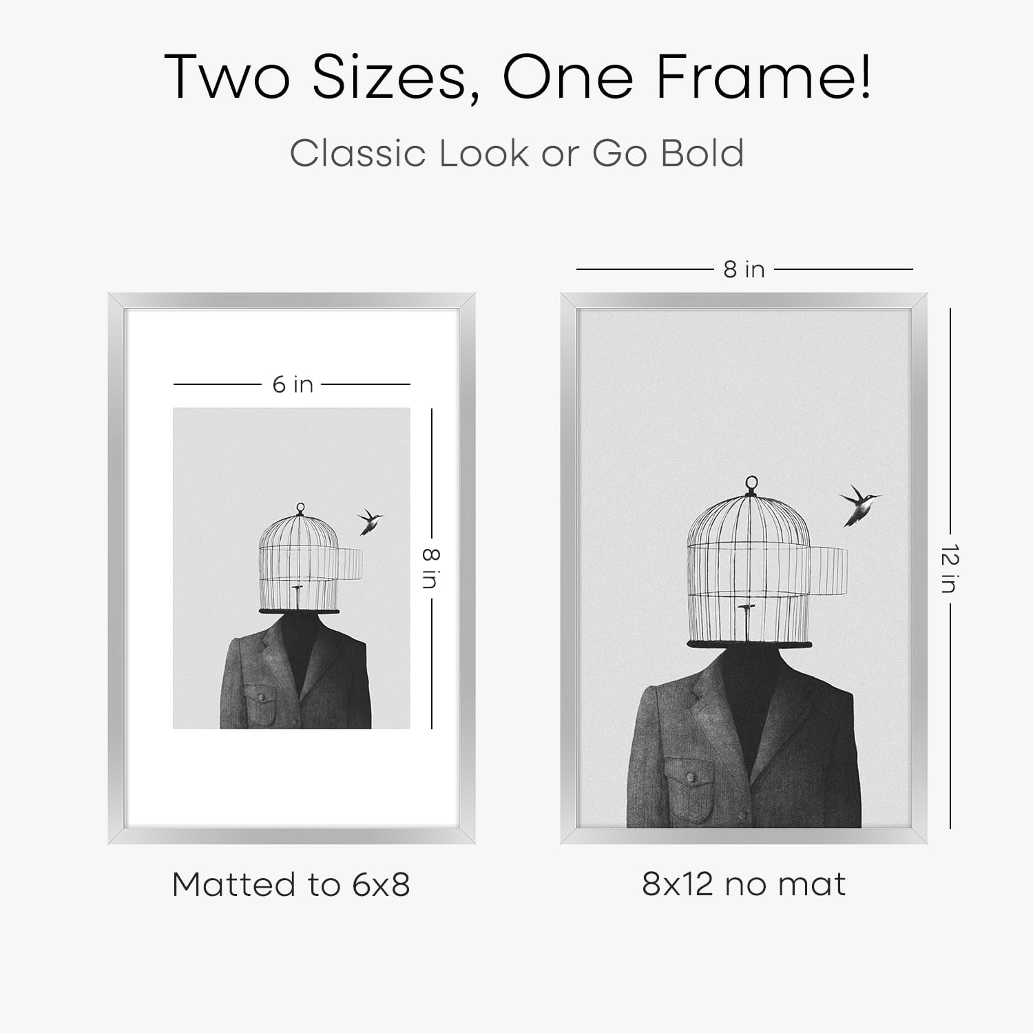Homeforia Silver 8x12 Picture Frame, High End Metal 8 x 12 Poster Frames with Mat 6 by 8 for Photo, 12x8 Frame Matted to 6x8 inch Art, 8by12 Wall or Tabletop Frames, Tempered Glass, Wall Kit, Set of 2