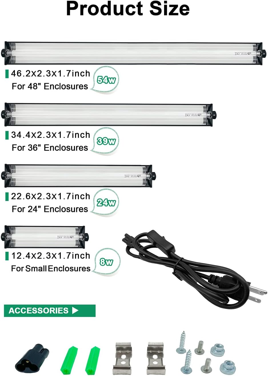 24W T5 HO UVB Reptile Light Fixture Kit, Terrarium Hood Light with Desert UVB 10.0 Fluorescent Tube, Ideal for Tropical and Desert Habitats
