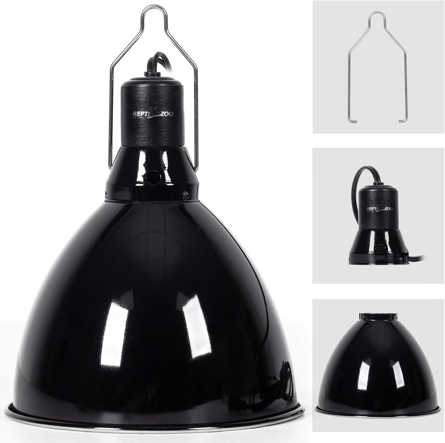 REPTI ZOO 8.5 inch Reptile Light Fixture 200W 2 in 1 E26 Base with Removable Ceramic Socket with On Off Toggle Switch in Black,Aquarium Dome Reptile UVB Light Socket Fixture (Without Bulbs)