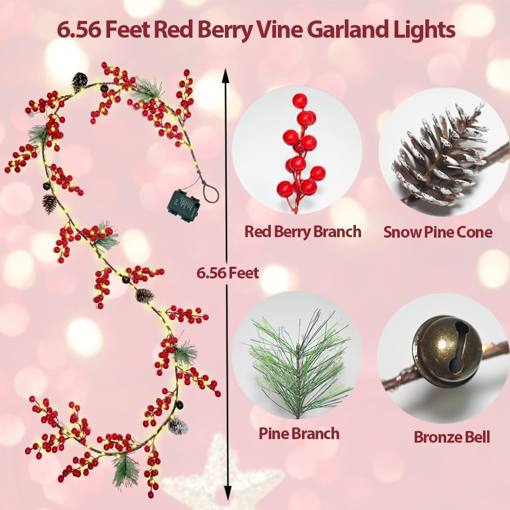 6.56FT Christmas Garland Decorations Red Berry Garlands with Lights 96 Fairy LED Lights Lighted Pine Garland for Mantle Fireplace Table Stairs Railing Xmas Tree Indoor Outdoor Winter Holiday Decor