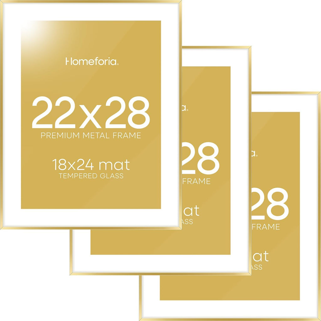 Homeforia 22x28 Picture Frame Gold, High End Metal 22 x 28 Large Poster Frames with Mat 18 by 24 for Photo, 22x28 Gold Frame Matted to 18x24 inch Print, 28x22 Frame, Tempered Glass, Wall Kit, Set of 3