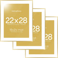 Homeforia 22x28 Picture Frame Gold, High End Metal 22 x 28 Large Poster Frames with Mat 18 by 24 for Photo, 22x28 Gold Frame Matted to 18x24 inch Print, 28x22 Frame, Tempered Glass, Wall Kit, Set of 3