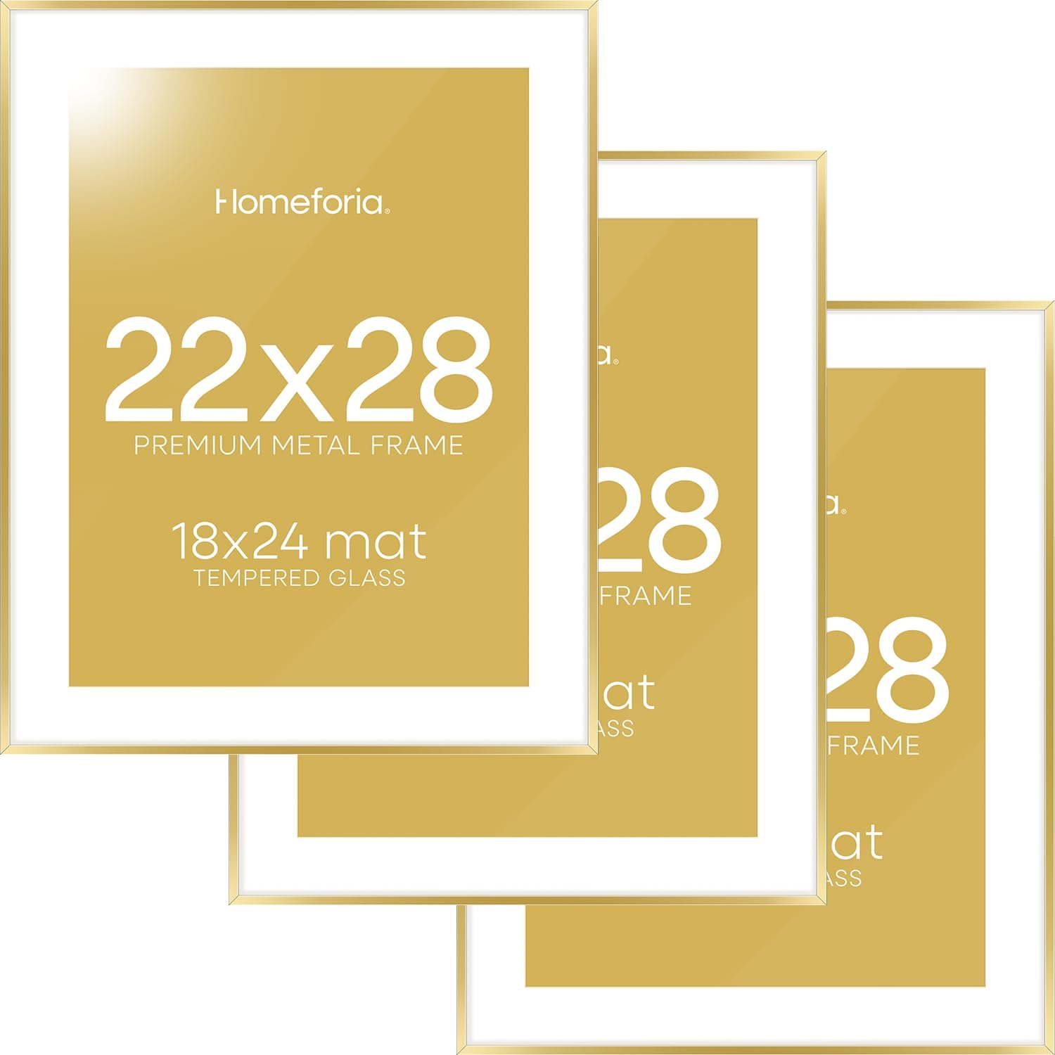 Homeforia 22x28 Picture Frame Gold, High End Metal 22 x 28 Large Poster Frames with Mat 18 by 24 for Photo, 22x28 Gold Frame Matted to 18x24 inch Print, 28x22 Frame, Tempered Glass, Wall Kit, Set of 3
