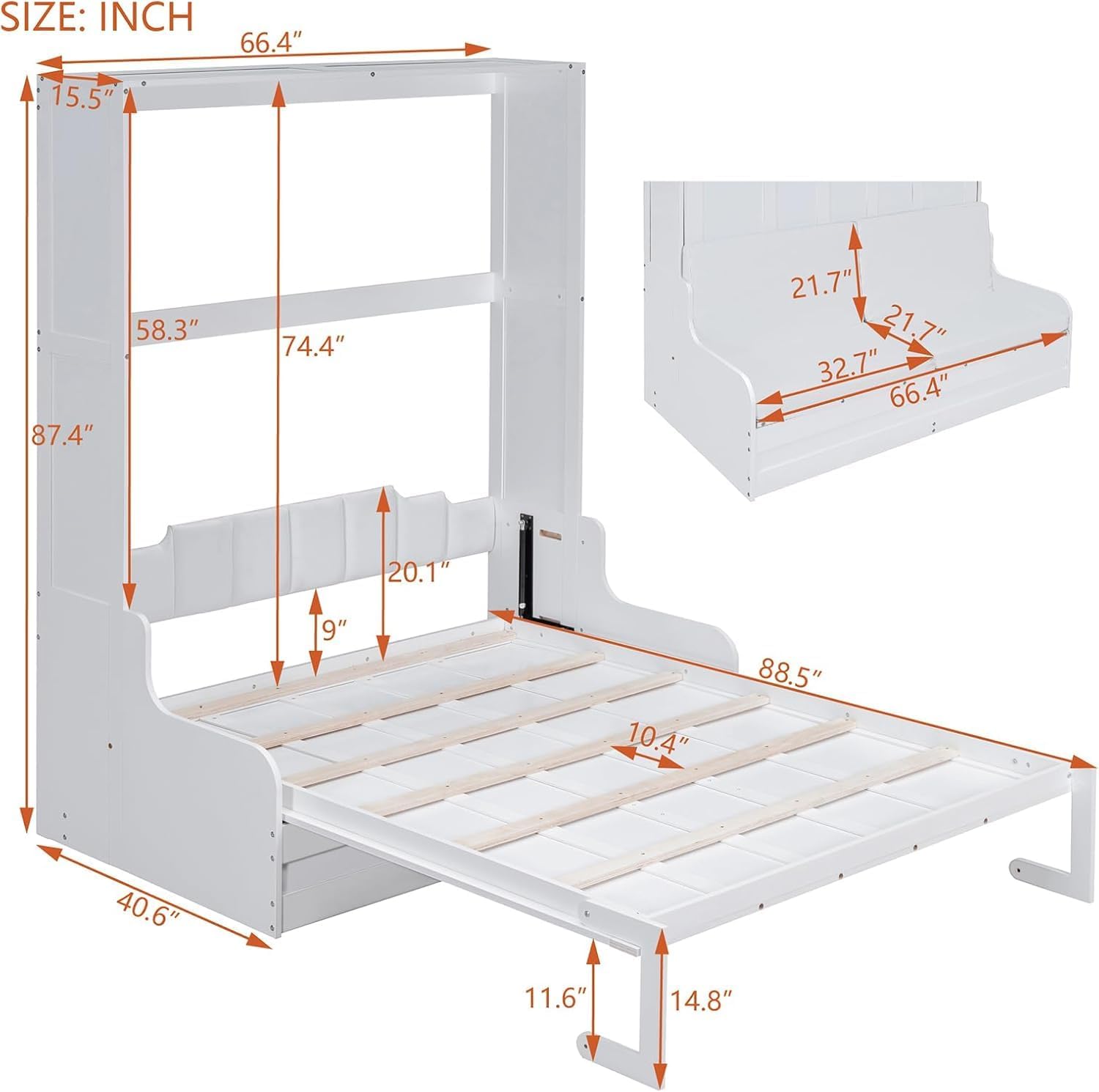MERITLINE Queen Murphy Bed with Sofa,Wood Folding Murphy Wall Bed Cabinet with Couch (White)