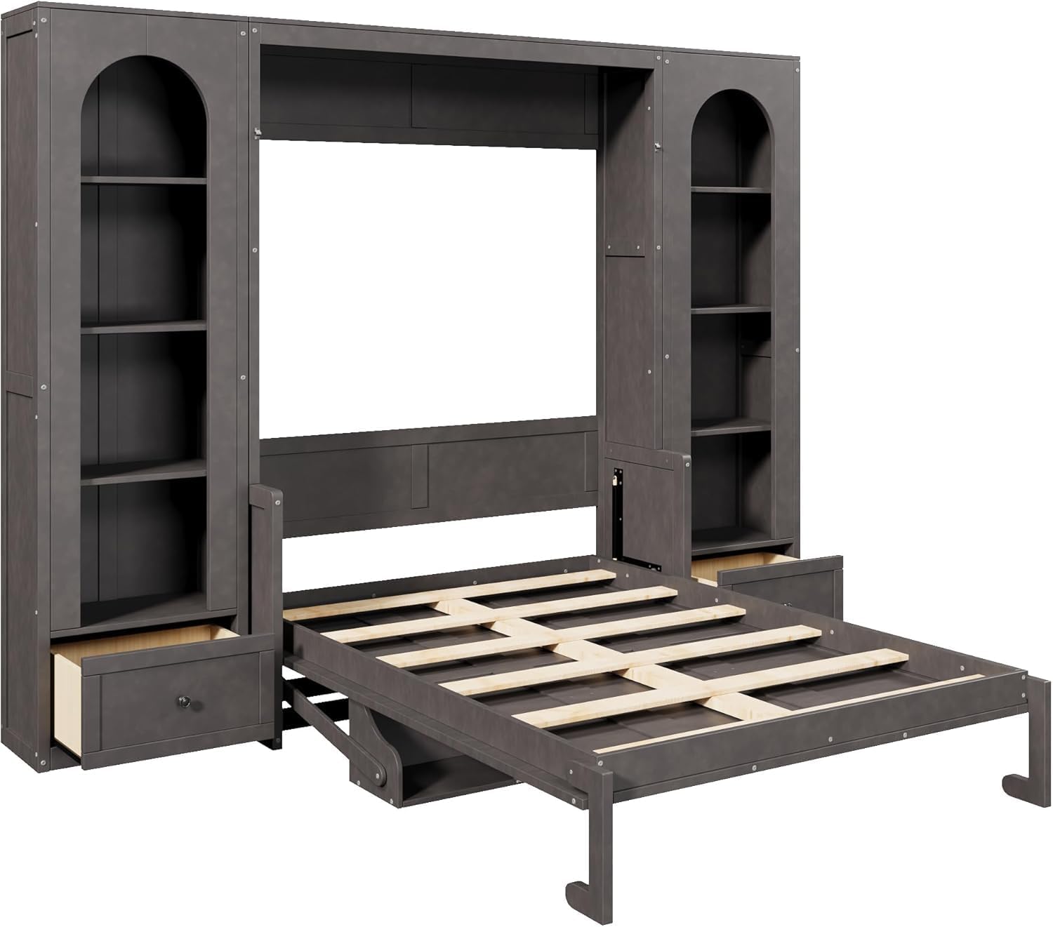 MERITLINE Queen Murphy Bed with Desk and Storage & LED Light, Solid Wood Hideaway Murphy Wall Bed with Storage Bookcase Shelves and Drawers for Adults