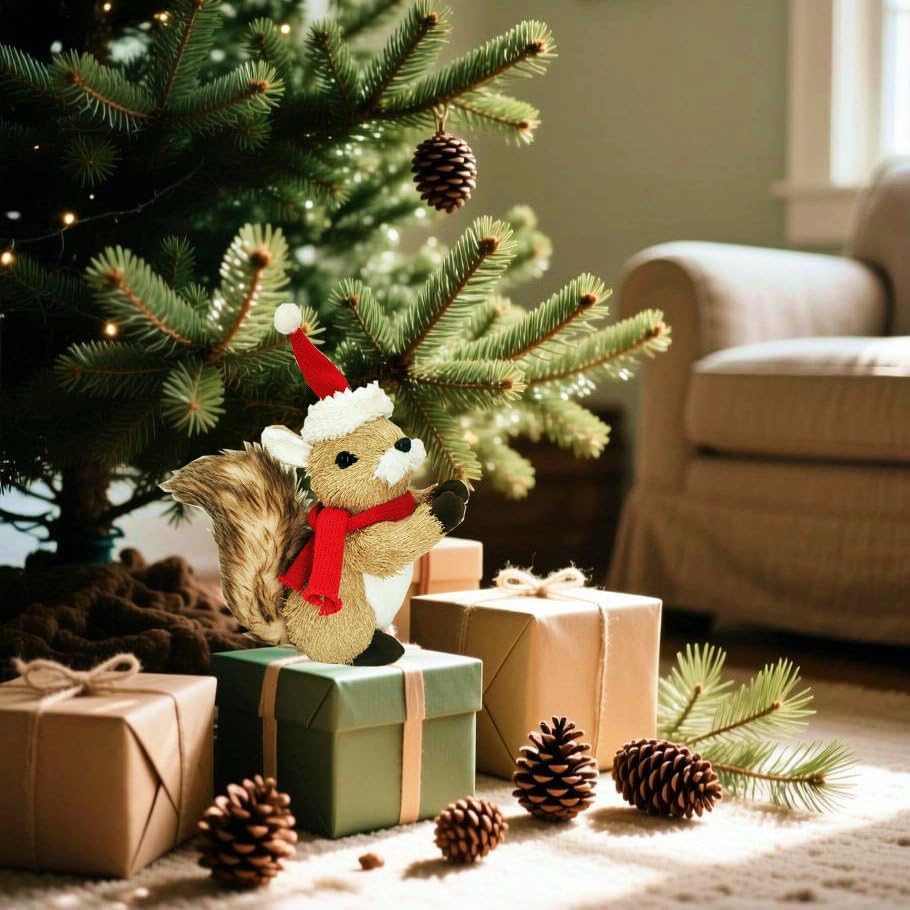 naturevibe 9.4 Inches Sisal Squirrel Figurine for Rustic Christmas Decorations, Woodland Animals with Holiday Accent as Christmas Table Decor or Farmhouse Decor