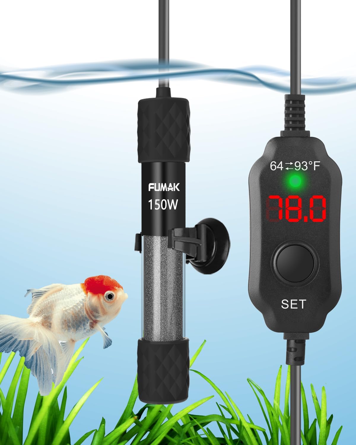 150W Adjustable Aquarium Heater Super Short Submersible Fish Tank Heater Fish Heater with LED Digital Display Thermostat, for Tanks 15-30 Gallons
