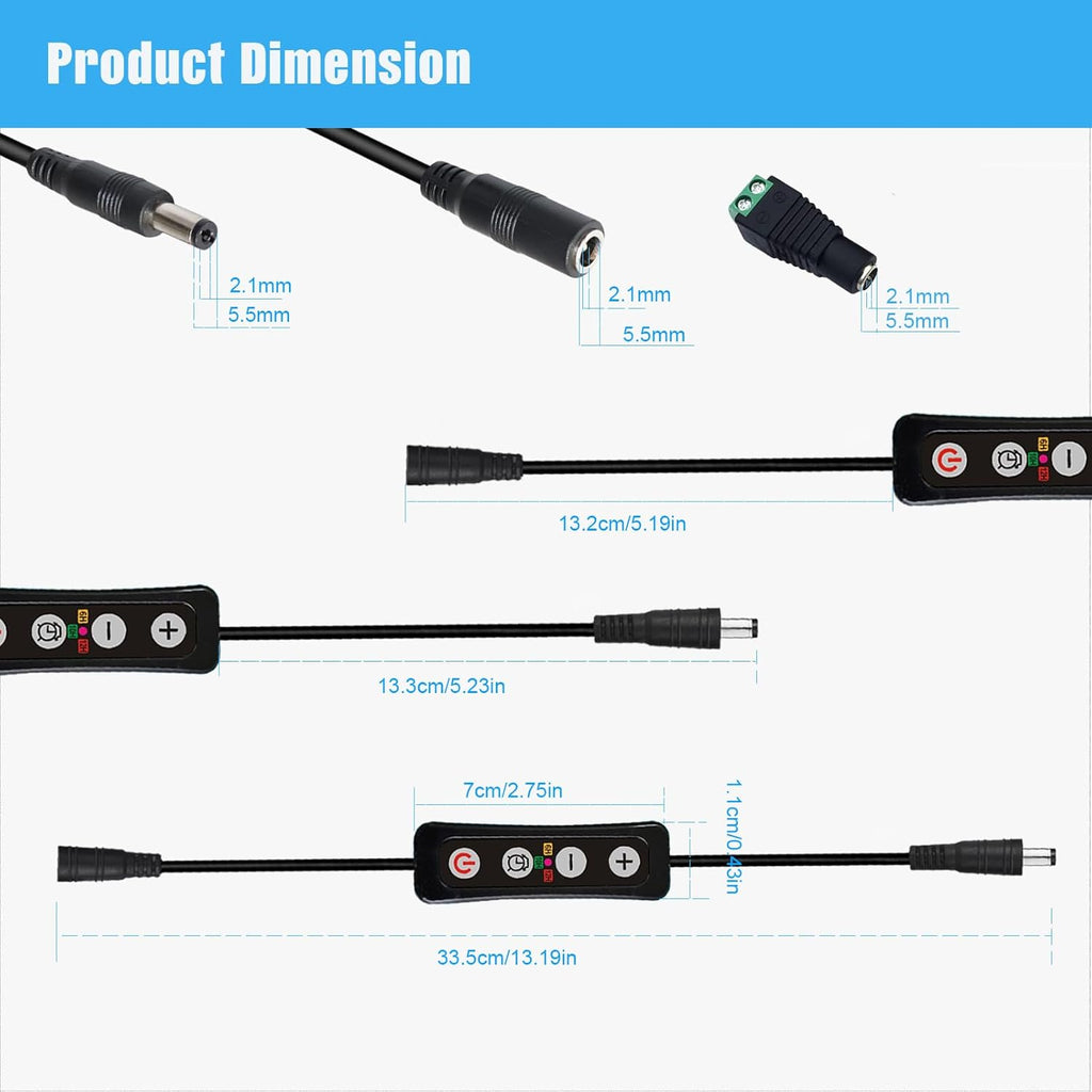 Aquarium Light Timer and Dimmer with 5.5mm x 2.1mm DC Barrel Connector, 6/10/12 Hour Modes, Adjustable 10-100% Brightness, Compatible with 12-24V DC LED Lights, 2 Pack