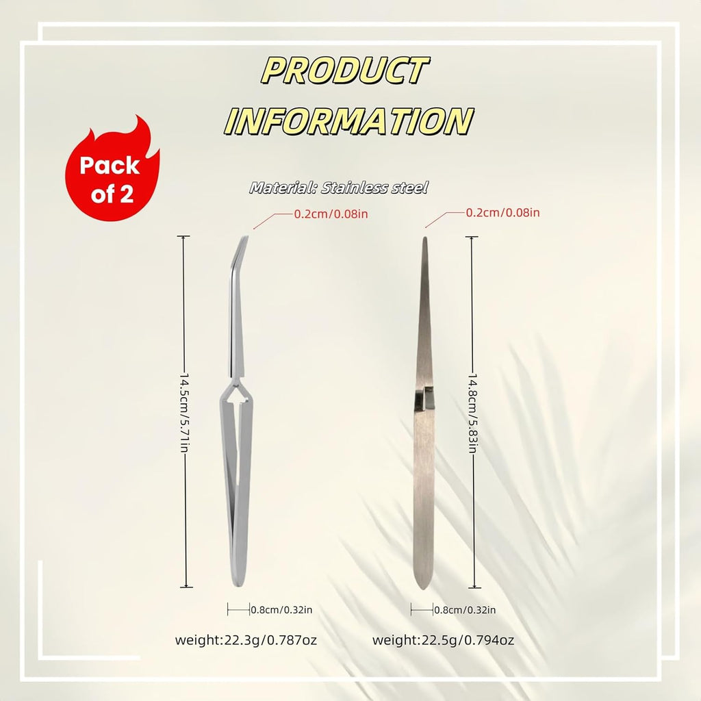 Reverse Craft Tweezers for Crafting Nail Salons Eyelash Extensions Jewelry Making, Long Nail Tweezer with Pointed Tip and Curved Tip, Sticker Locksmith Tools for Unlocking and Journaling (2 Pcs)