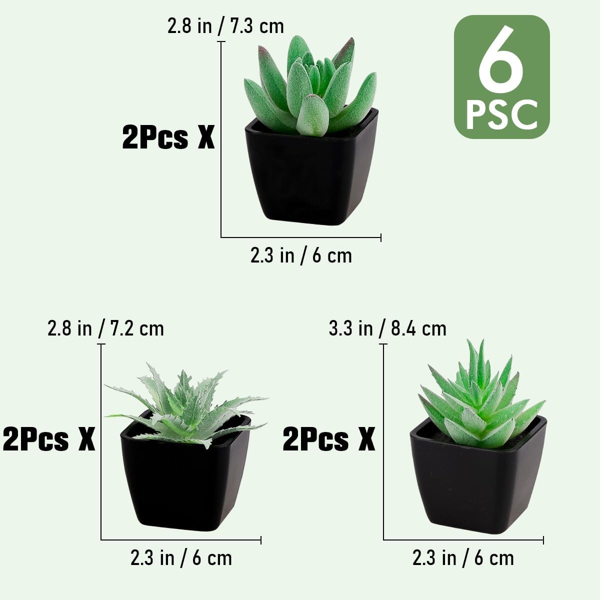 Woration 6pcs Fake Succulent Plants in Black Pots Artificial Mini Succulents Potted Green Decor Set Faux Greenery for Office Desk Table Shelf Party Decorations