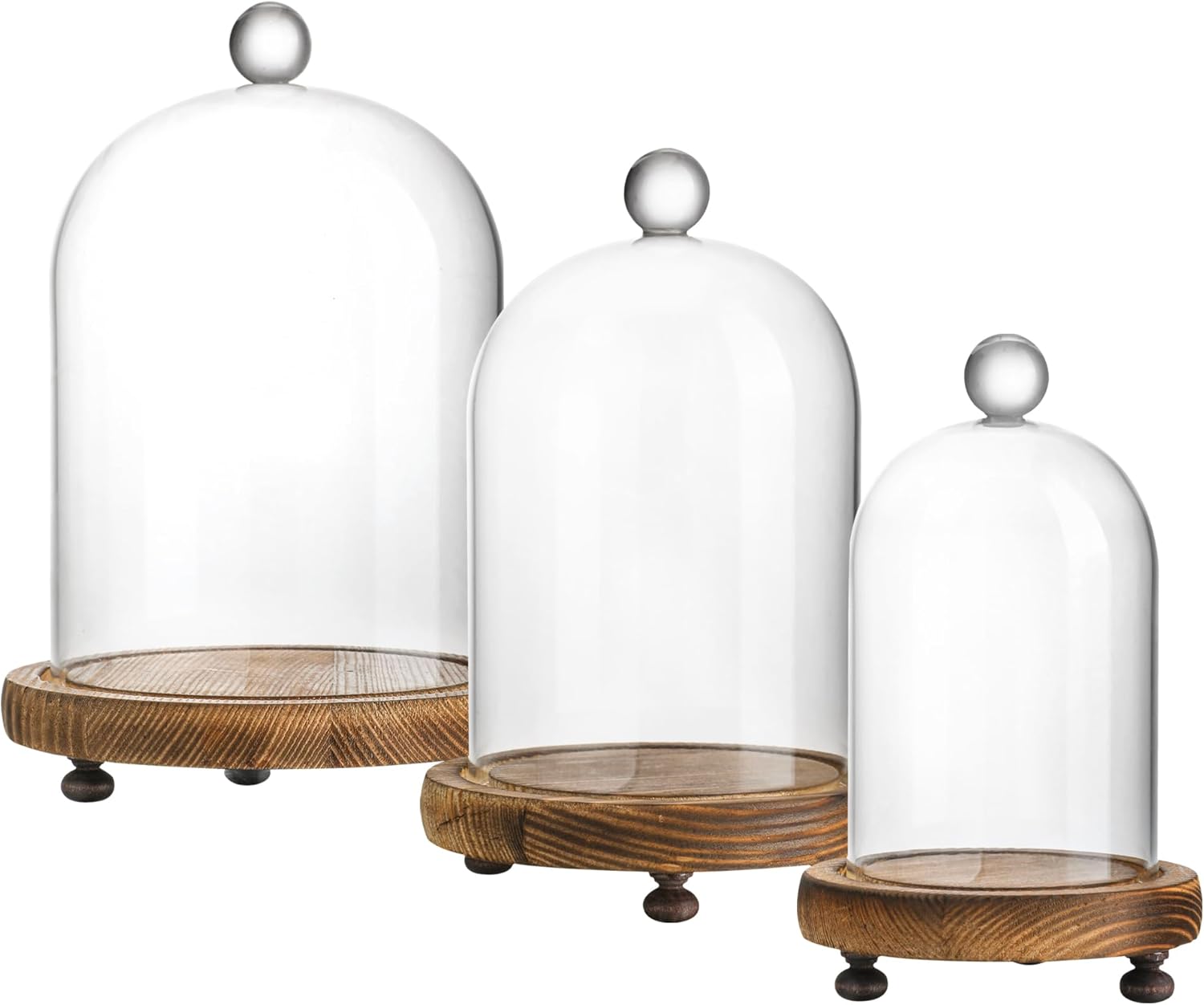 ZEERSHEE Set of 3 Glass Bell Shape Dome with Wooden Base(4.5''/3.7''/3''), Clear Decorative Glass Dustproof Dome with Handle for Home Party Wedding Decor