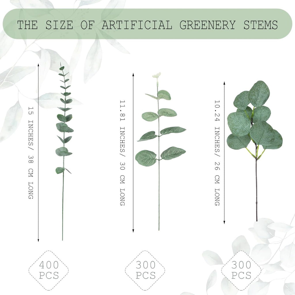 Giegxin 1000 Pcs 3 Kinds Mixed Eucalyptus Leaves Stems Bulk Artificial Silver Dollar Leaves Picks Dried Eucalyptus Bundle Faux Spray for Wedding Vase Bouquet Floral Arrangement (Green)