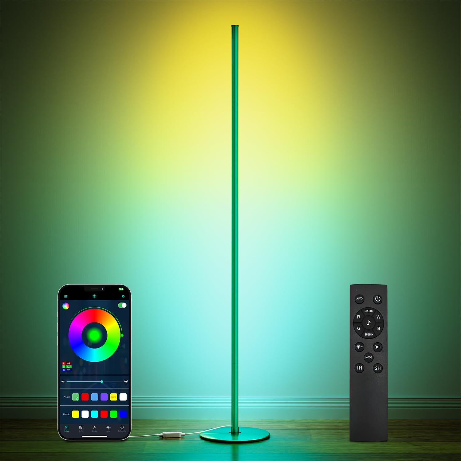 luckystyle Smart RGB Corner Floor Lamp,Bright LED Tall Modern Floor Lamp with APP and Remote,Ambient Lighting Color Changing Standing Lamps with Music Mode and Timing for Living Room,Bedroom Green