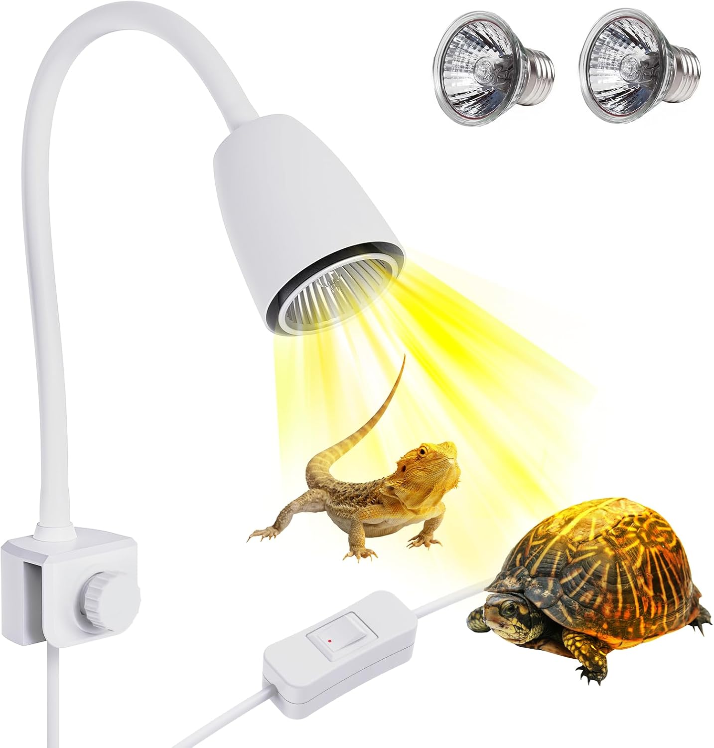 Upgrade Reptile Heat Lamp, 360° Rotatable Light Lamp with 2pcs Longlasting Basking Bulbs (25W + 50W), Suitable for Turtle, Bearded Dragon, Reptiles, Snake, Lizard (White)