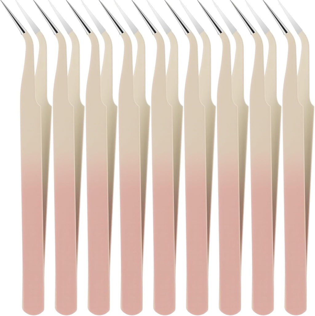 Honoson 9 Pieces Curved Pointed Craft Tweezers Stainless Steel Precision Tweezer with Protective Cover for Rhinestones Dried Flowers Craft Stickers Eyelash Extension Jewelry Making (Gradient Pink)