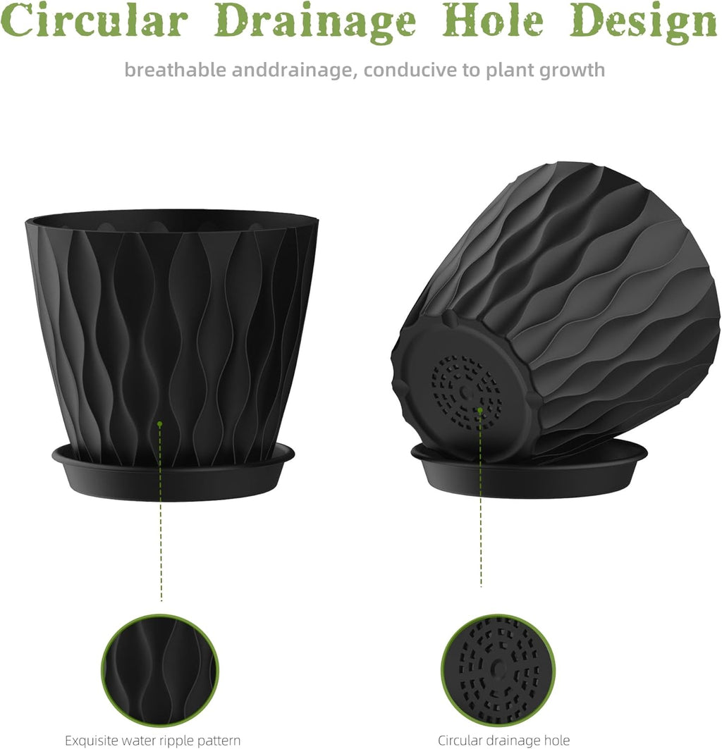 4 Inch Plant Pots, 6 Pack Indoor Flower Pots, Planters with Drainage Holes and Trays for Orchids, Violets, Succulents, Herbs, and Other Plants, Black