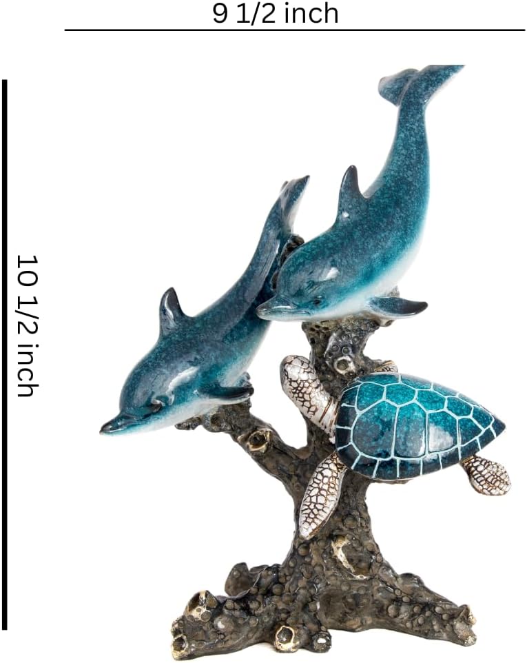 Dolphins and Sea Turtle Swimming on Coral Reef – Ocean Figurine Coastal Tabletop Decor | Sea Life Sculpture Beach House Nautical Room Accents (10.75 x 9.5 in) by Corner Merchant