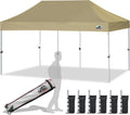 Eurmax USA 10'x20' Pop Up Canopy Tent Commercial Instant Canopies with Heavy Duty Roller Bag,Bonus 6 Sand Weights Bags (Khaki)