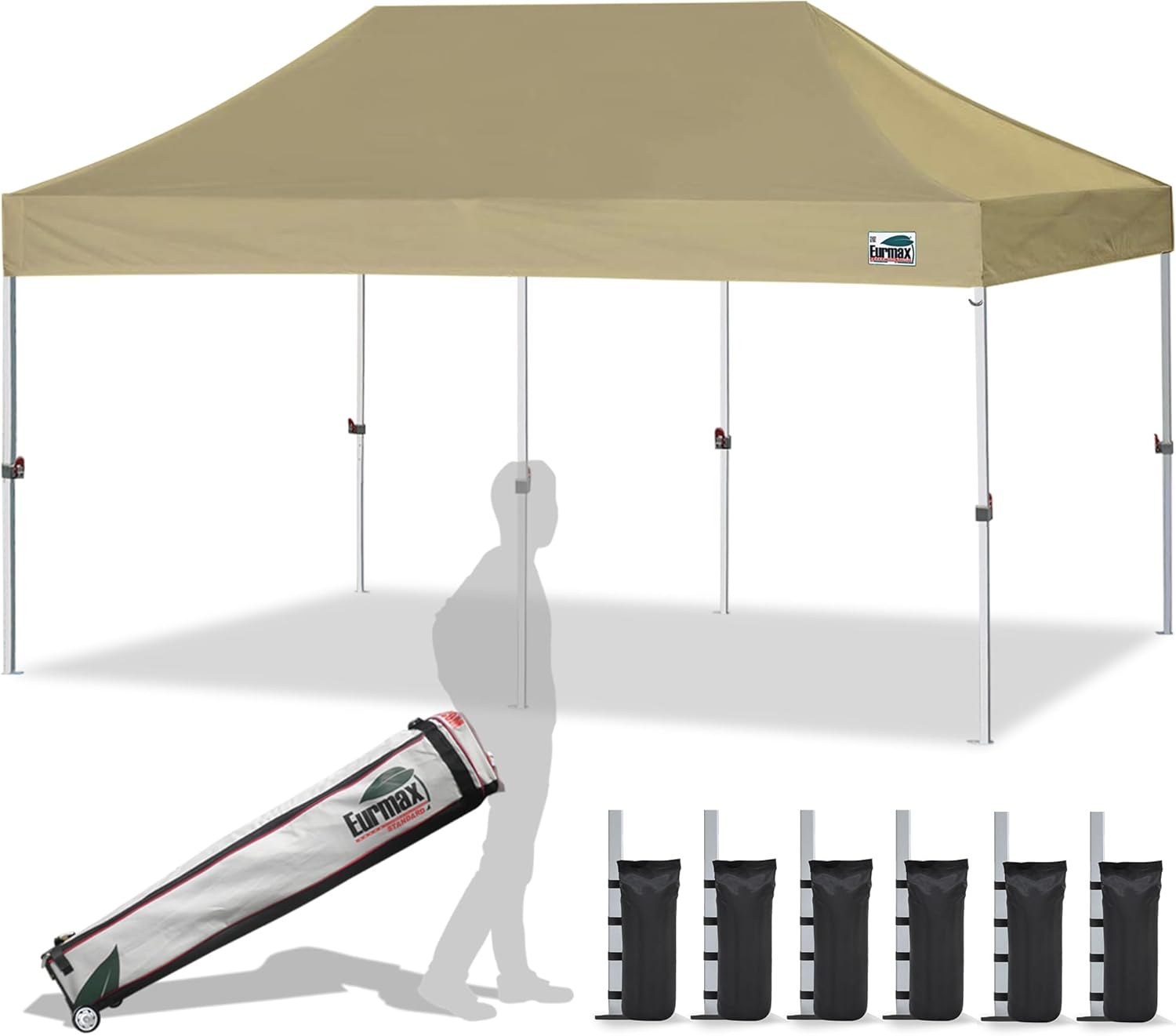 Eurmax USA 10'x20' Pop Up Canopy Tent Commercial Instant Canopies with Heavy Duty Roller Bag,Bonus 6 Sand Weights Bags (Khaki)