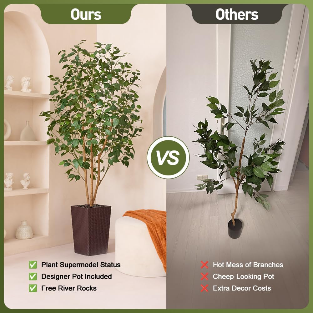 6ft Artificial Ficus Tree,Tall Faux Tree with Silk Leaves & Real Wood Trunk,UV Resistant Potted Fake Plant with Pebbles & Planter-Indoor Outdoor Floor Plant for Home Living Room,VN129