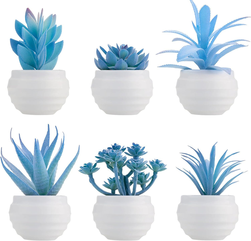 GREENTIME 6 Pcs Blue Artificial Succulent Plants in Mini White Plastic Pots Small Fake Succulent Plant Faux Indoor Decor Bedroom Desk Bathroom Office Living Room Table Shelf Home Decoration