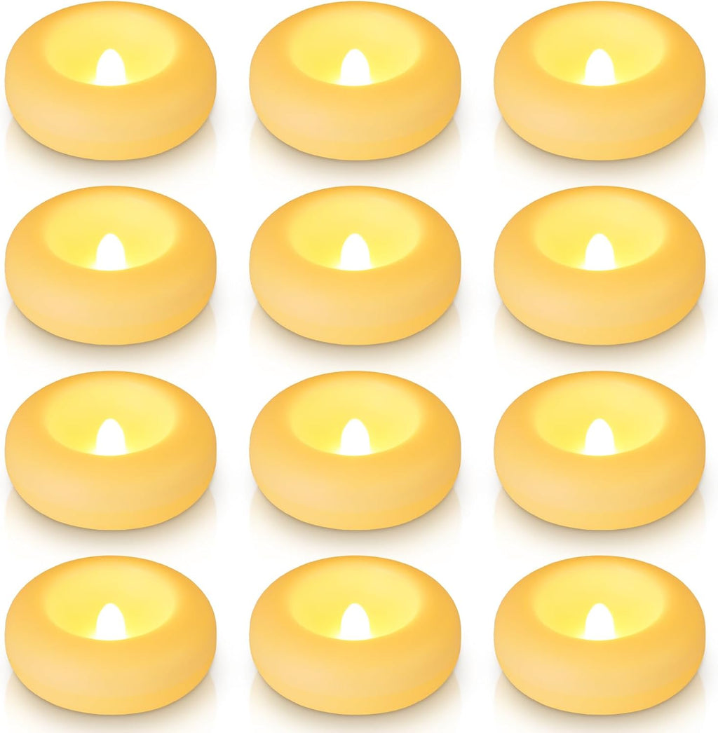 Aignis 12pcs Flameless LED Floating Candles Battery Operated, 120+ Hours Glow Time, 3 Inch Ivory Plastic Tealights, Cozy Warm Yellow Light for Romantic Pool/Bathtub/Hot Bath/Wedding Centerpiece Decor