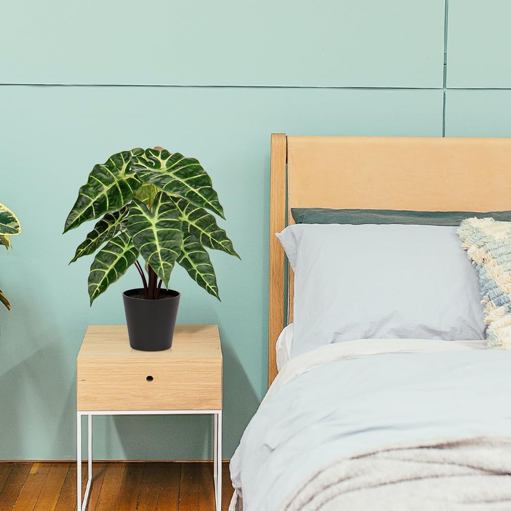 Briful Fake Plant Real Touch Artificial Alocasia Bambino Plant in Black Nursery Pot Faux Alocasia Polly Houseplant for Shelf Tabletop Centerpieces Farmhouse Home Décor, Green Leaves
