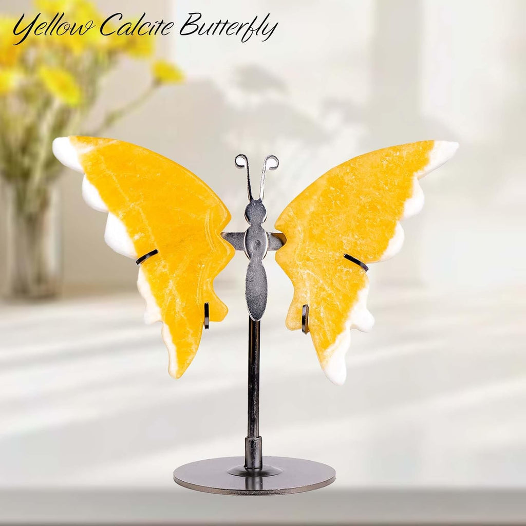 Crystal Butterfly Ornament, Amethyst Agate Wings, Home Office Tabletop Decor (Yellow Calcite)