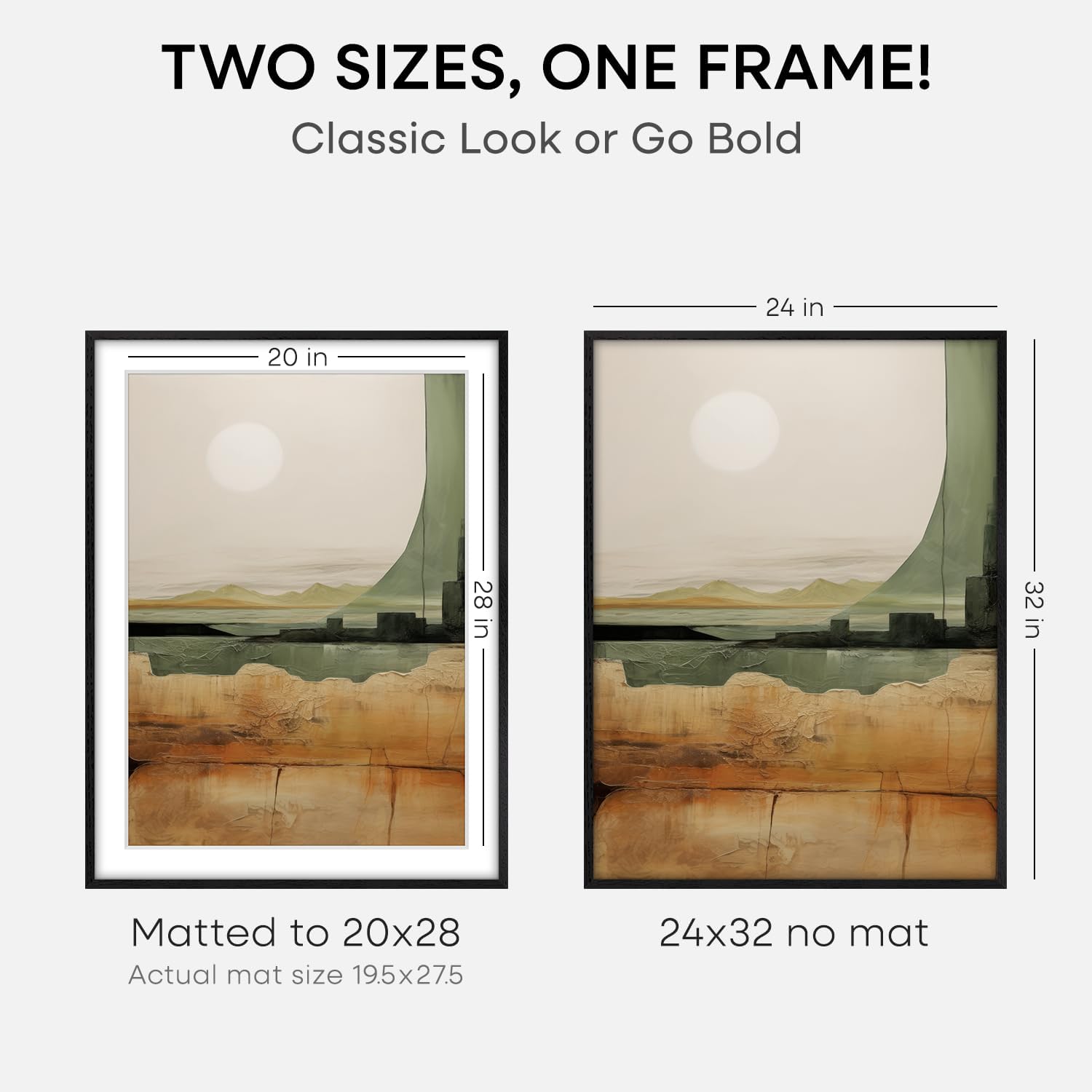 Homeforia Black Wood Frame 24x32, High End Oak 24x32 Large Wooden Poster Frames with Mat 20x28 inch Photo, 24 x 32 Picture Frame Matted to 20 x 28, 32x24 Thin Frame, Tempered Glass, Wall Kit, Set of 2