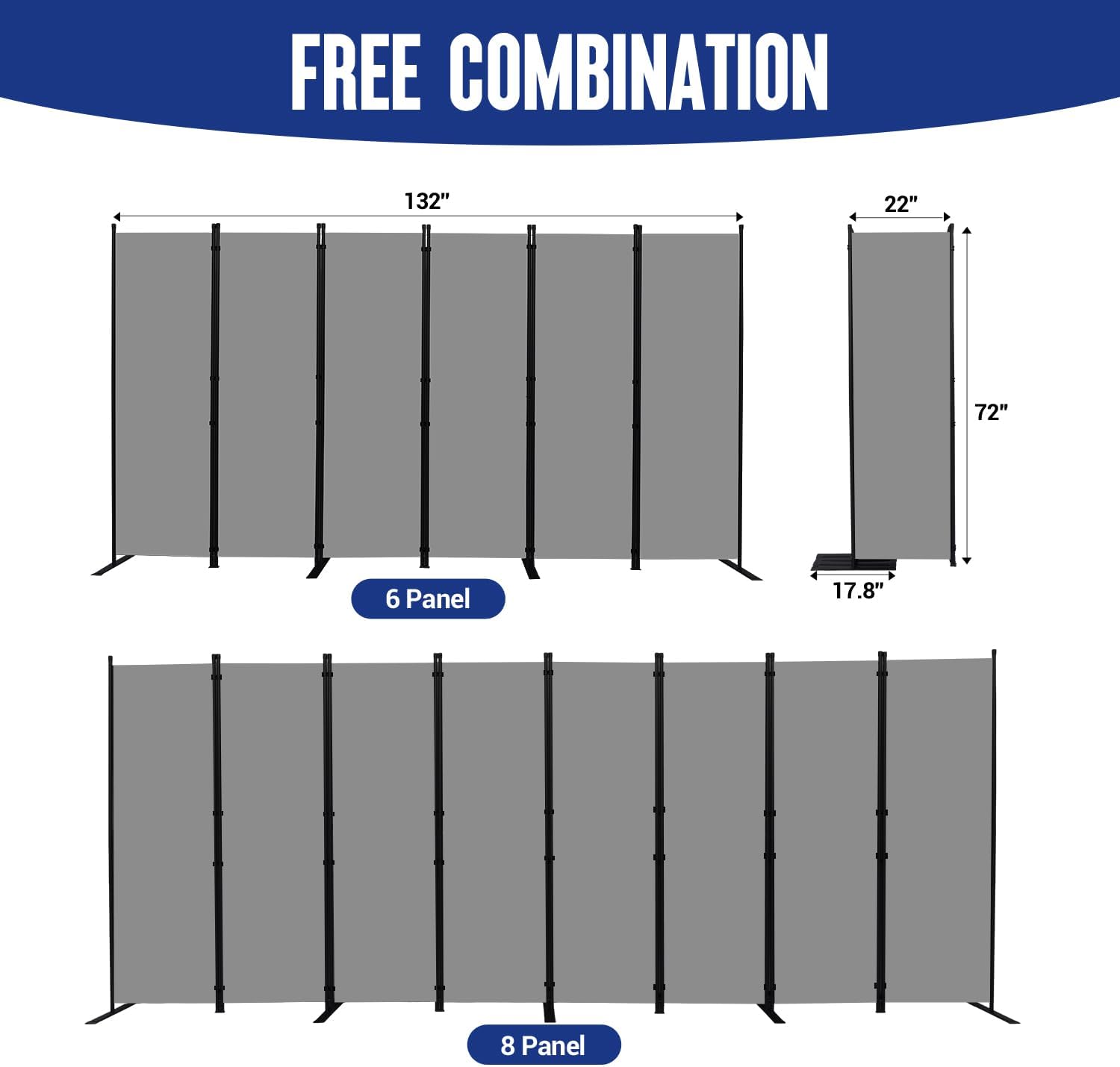 Room Divider and Folding Privacy Screens 6 Panel, 11 Ft Wide Room Partitions Dividers, Portable Room Divider Screen for Room Separtition, Folding Wall Dividers for Home, Office, Bedroom, Studio Grey