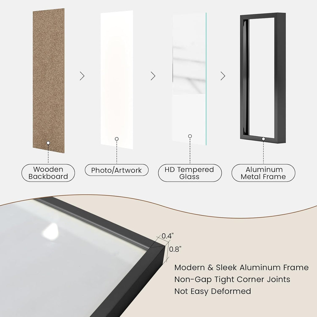 Heimlove 6x12 Metal Picture Frame,Black Aluminum Photo Frames-Real Tempered Glass,Mounting Horizontally or Vertically Decor for Wall-1Pack