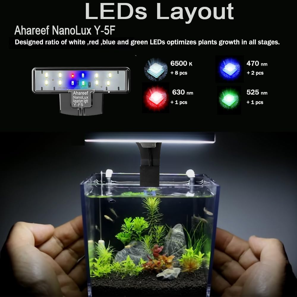 Mini Clip-On Aquarium Light 5W Full Spectrum LED Fish Nano Tank Light with Timer & Dimmer and 3 Lighting Modes for Freshwater Plants & Tropical Fish Ideal for 4–14 Inch Tanks (1-5 Gallons)
