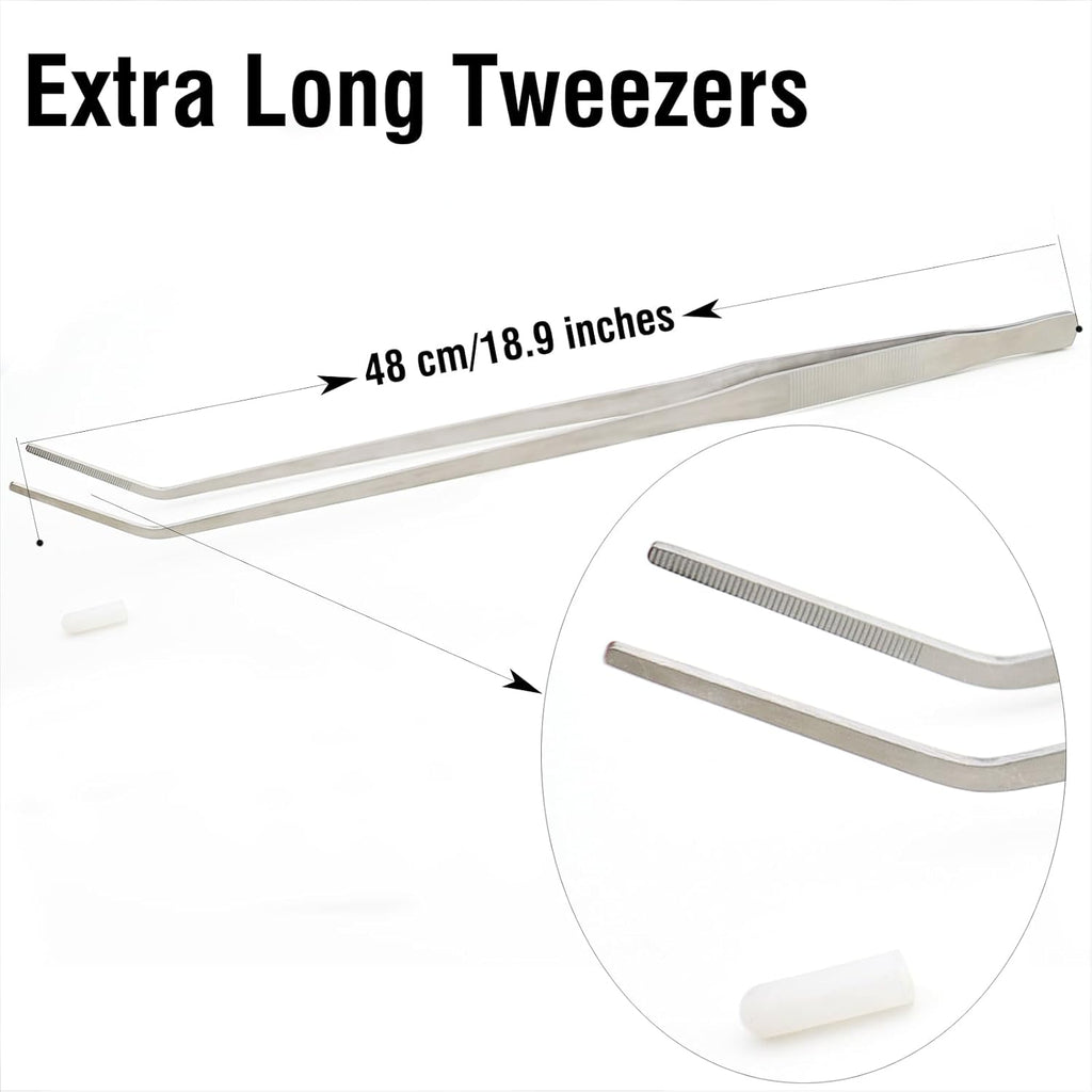 18.9 inch Heavy Duty Extra Long Tweezers for Salt & Fresh Water Fish Tank, Curved SUS 304 Stainless Steel Aquascape Tweezers for Aquarium & Terrarium, Large Metal Snake Feeding Tongs