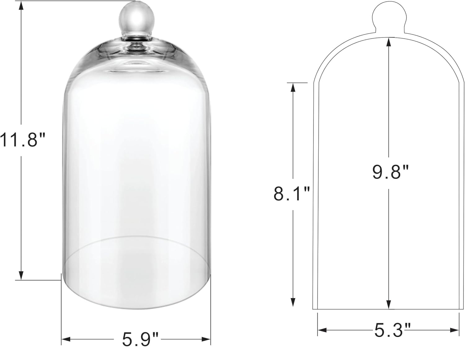 Handmade Glass Cloche, Thick & Sturdy, Dia 6"xH 12", For Terrarium, Plants, Trinkets, Cakes, Figurines, LED Light String, Candle. Cloche Glass Dome, Bell Jar Display Case (1, 6"x12")