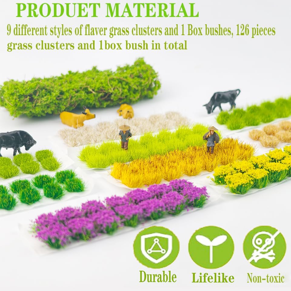 126 Pcs Static Grass Bushy Tufts Lowland Miniature Shrubs Bushes Terrain Model Kit for Train Landscape Railroad Scenery Sand Military Layout Model Miniature Bases and Dioramas