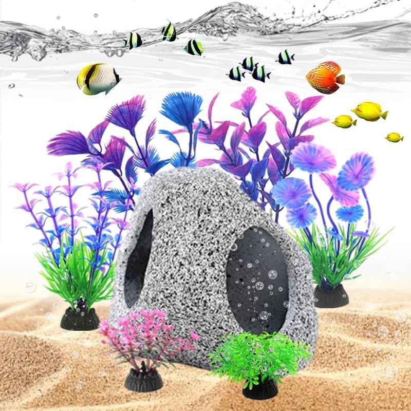 Fish Tank Decorations Set, Aquarium Decor Hideaway Rock Cave x 1pc, Decor Accessories Aquatic Plants x 6pcs.