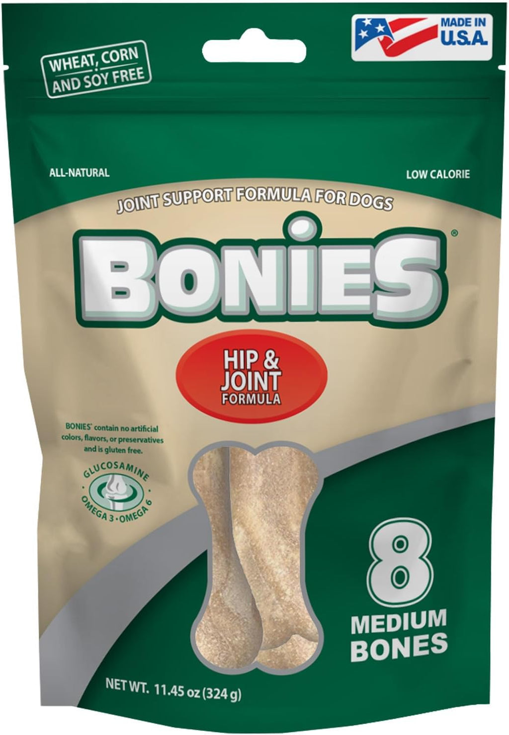 Bonies Natural Hip & Joint Formula Medium-Sized Single Bone, Glucosamine & Omega Fatty Acids, Fresh Breath, Clean Teeth, Low Calories, Chicken Flavor, [Medium Dogs], 8 Bones
