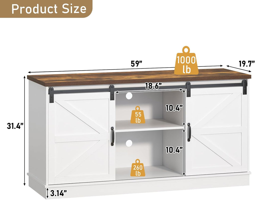 Farmhouse 75-120 Gallon Fish Tank Stand with Power Outlet, Aquarium Stand w/Cabinet&Sliding Barn Door, Heavy Duty Reptile Tank Stand for Fish/Turtle/Reptile Terrarium, 1000LB Capacity, White
