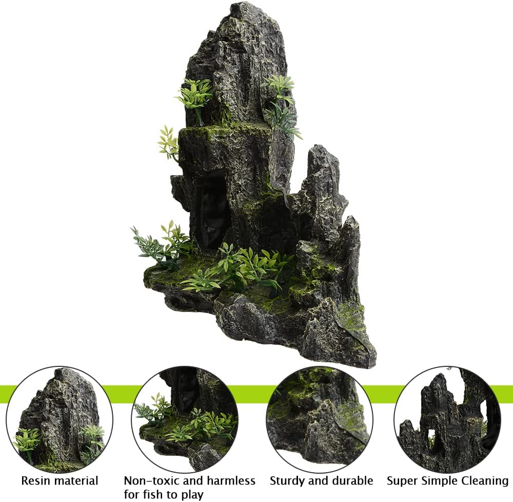 AnRui Large and Tall Aquarium Mountain View Stone Decorations Resin Betta Rock Aquascaping Hiding Cave Ornaments Fish Tank Accessories Decorations with Small Plants