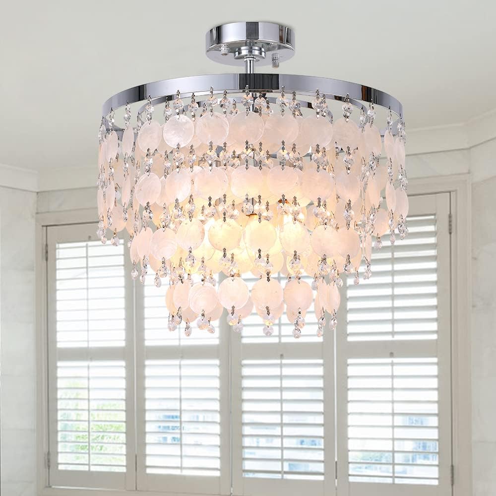 TOCHIC Modern Capiz Shell Chandelier, Boho Coastal Beach Chandelier for Bedroom, Small Semi Flush Mount Ceiling Pendant Light Fixture for Dining Living Room, Kids Room,16”W,Chrome
