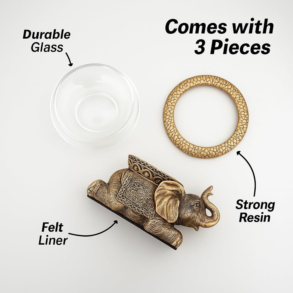 Good Luck Elephant Glass Bowl – Gold Antiqued Decorative Figurine with Removable Glass Bowl – Terrarium, Candle Holder, or Tabletop Aquarium – Polyresin Home Décor with Gift Box