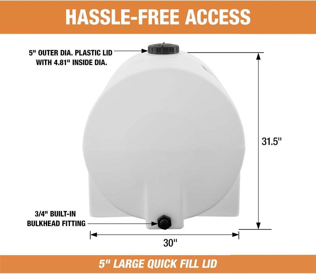 RomoTech 125 Gallon Polyethylene Storage Tank with Legs–Heavy-Duty Horizontal Water Storage Tank for Farms, Industrial or Chemical Use–UV-Resistant, Rustproof, BPA-Free Plastic Liquid Tank, 82123949