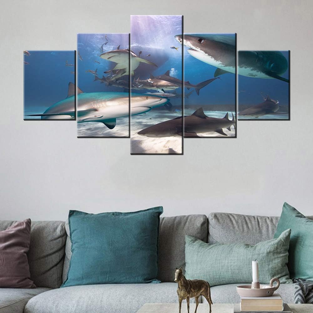 5 Pieces Wall Art Blacktip Reef Shark Paintings Underwater Pictures for Living Room Big Fish Canvas HD Prints Contemporary Artwork Rustic House Decor Giclee Framed Stretched Ready to Hang(60”WX32”H)