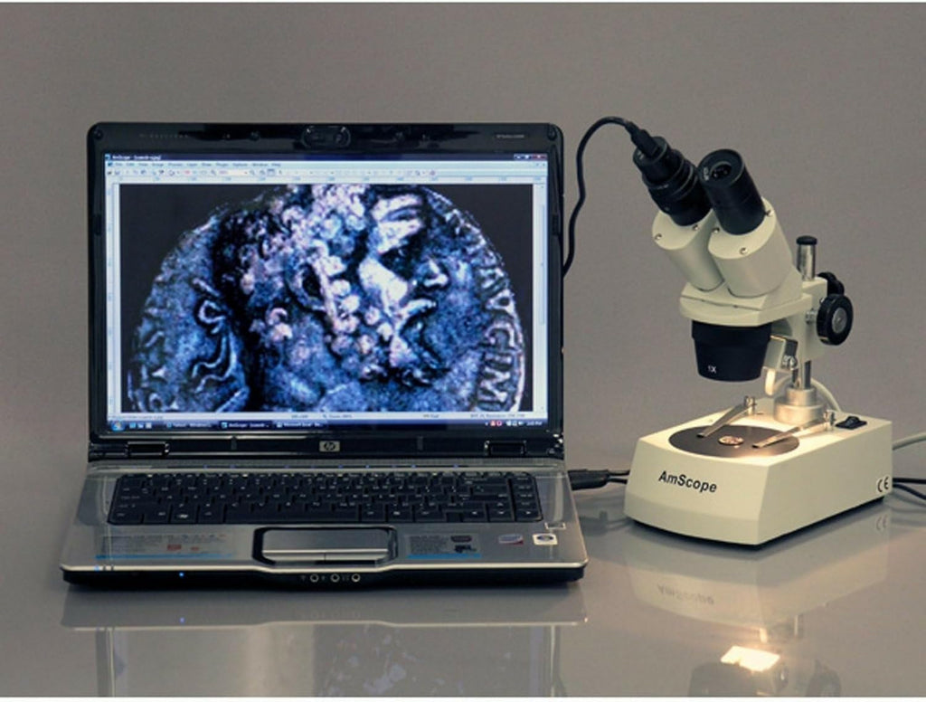 AmScope SE306R-P Forward-Mounted Binocular Stereo Microscope, WF10x Eyepieces, 20X and 40X Magnification, 2X and 4X Objectives, Upper and Lower Halogen Lighting, Reversible Black/White Stage Plate, Pillar Stand, 120V