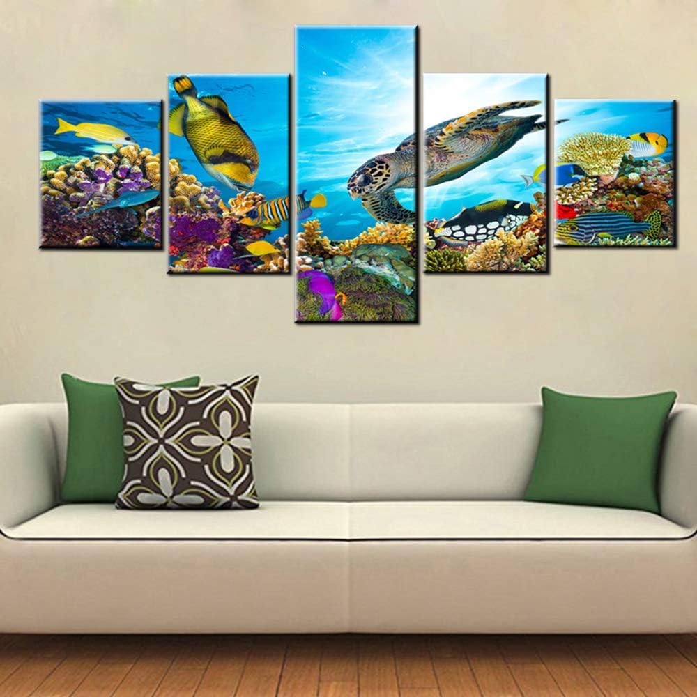 Underwater World Picture Turtle and Fish Paintings House Decoration Living Room Multi Panel Prints on Canvas Coral Reef Wall Art Contemporary Artwork Stretched Framed Giclee Ready to Hang(50''Wx24''H)