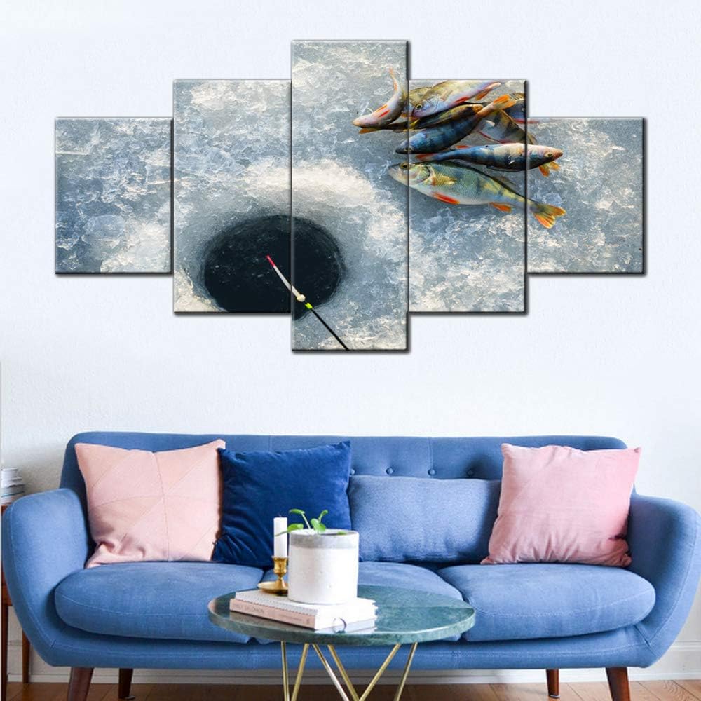 Contemporary Wall Art Ice Fishing Pictures Fish Tackle Paintings Multi Panel Prints on Canvas White Artwork Living Room House Decorations Framed Gallery-Wrapped Ready to Hang(60''W x 32''H)