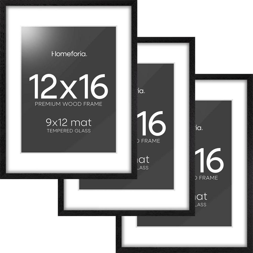 Homeforia 12x16 Black Wood Picture Frame, High End Oak 12x16 Poster Frames with Mat 9x12 Print, 12 x 16 Black Wooden Frame Matted to 9 by 12 Photo, 16x12 Thin Frame, Tempered Glass, Wall Kit, Set of 3