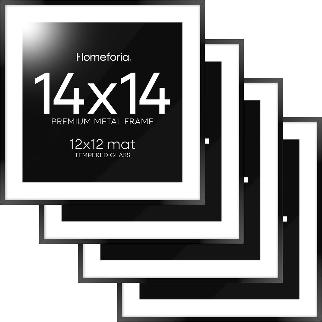 Homeforia 14x14 Picture Frame Black, High End Metal 14 x 14 Square Poster Frames with Mat 12 x 12 Photo, 14x14 Black Frame Matted to 12x12 Print, 14by14 Thin Frames, Tempered Glass, Wall Kit, Set of 4
