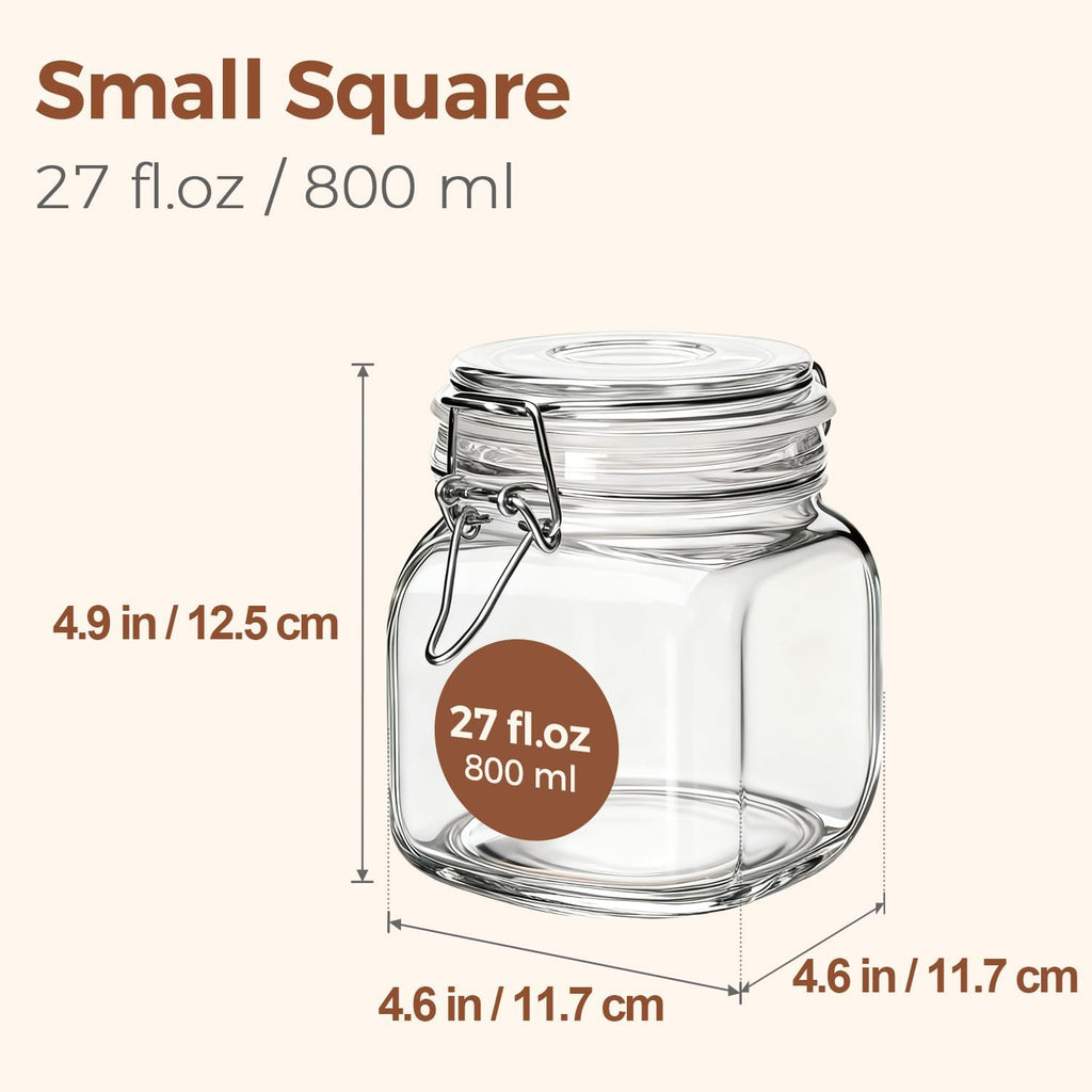 ComSaf 27oz Airtight Glass Canisters with Lids Set of 6, Square Food Storage Jar Container with Clamp Lids for Kitchen Canning Cereal Coffee Pasta Sugar Beans Spice, Clear Mason Jars with 12 Labels